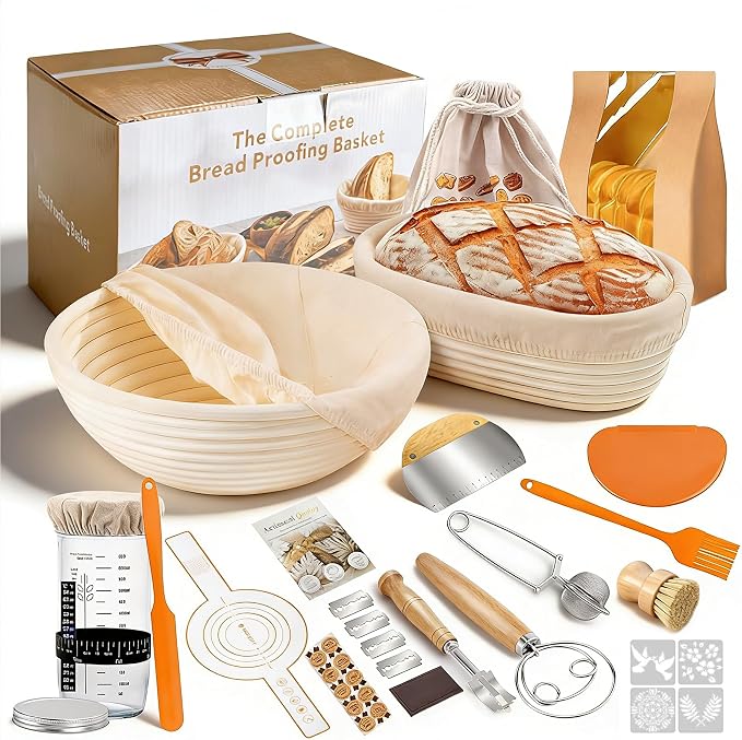 28 PCS Sourdough Starter Kit, Bread Baking Supplies with Banneton Proofing Basket, Dough Whisk, Bread Lame, Silicone Baking Sling and Dough Scraper