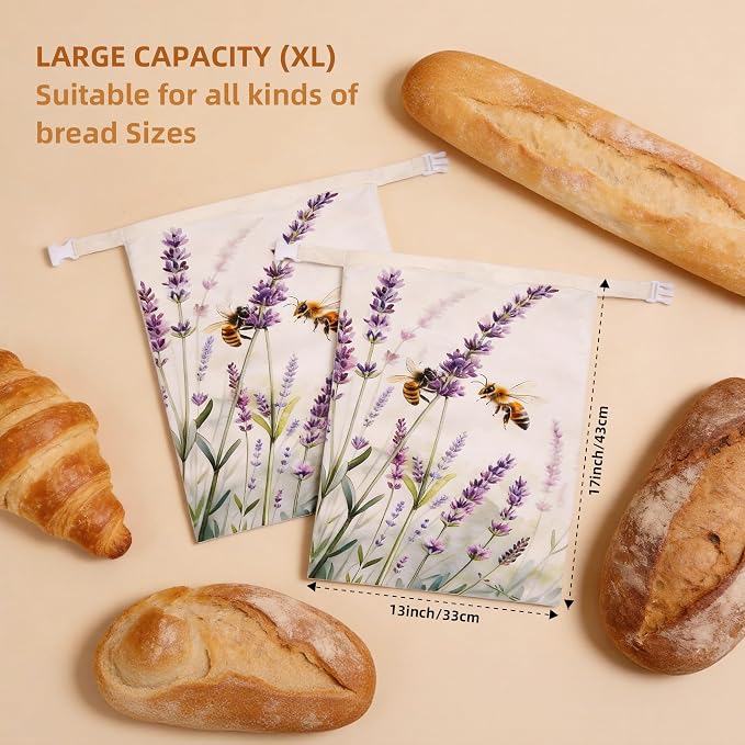 Beeswax Bread Bag for Sourdough & Homemade Bread – 2 Pack Reusable Organic Cotton Wax Bread Bags, Large Food Storage Bag for Baguettes, Bakery Loaves.