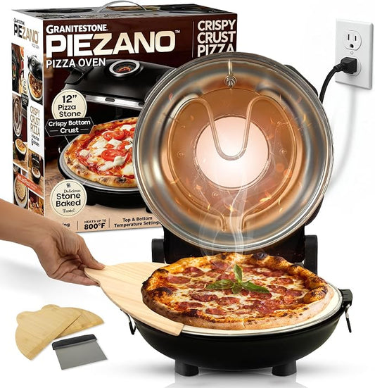 PIEZANO 12" Electric Pizza Oven Indoor Countertop Pizza Maker | Heats to 800˚F, Ceramic Stone for Crispy Crust Pizza, Cooks in Under 6 Minutes, Dual Heat Controls, Peels & Scraper Included
