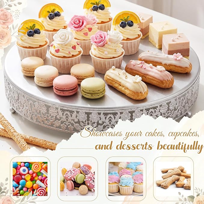 Wenqik 16 Inch Silver Cake Stand Set Metal Round Cupcake Dessert Stand with Cake Cutting, Flower Spatula Wedding Cupcake Pastry Display Candy Holder Display for Wedding Party Birthday Baby Shower