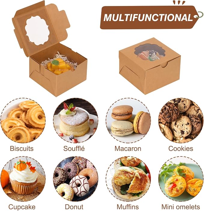 TOMNK 100pcs 4x4x2.5 Small Cookie Boxes, Mini Dessert Boxes with Window for Cupcakes, Macarons, Chocolate,Strawberries, Muffins(Kraft Paper)