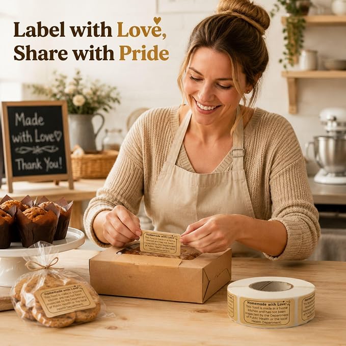 500PCS Cottage Food Law Labels Stickers, 2" x 1" Homemade Food Labels for Baked Goods, Cottage Law Labels for Home Bakery Supplies