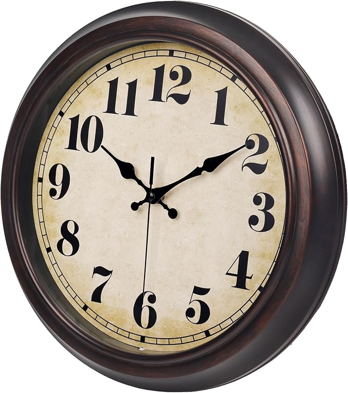 45MinST 13 Inch Red-Brown Vintage Large Wall Clock, Quartz, Battery Operated, Quiet Non-Ticking Accurate Movement with Bold Numerals, Elegant Home Decor