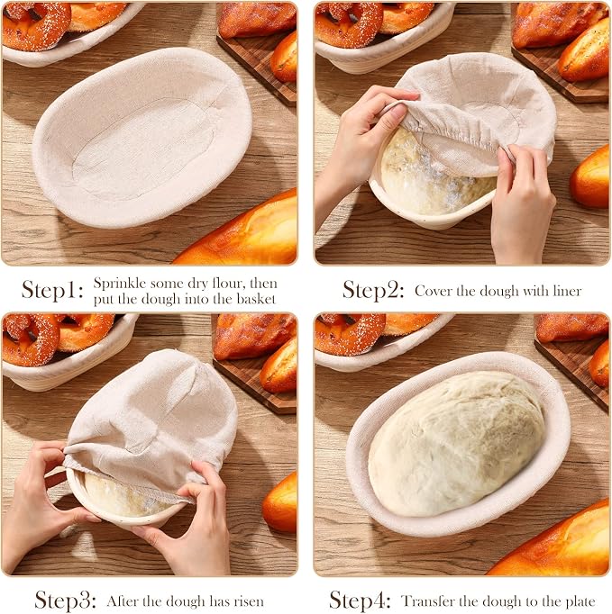 Set of 4 Bread Proofing Basket 8 Inches Oval Shaped Sourdough Bread Proofing Bowl with Liner Rising Rattan Banneton Bowl for Dough Baking
