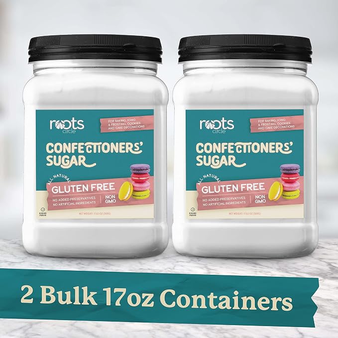 Roots Circle Confectioners Sugar | Non GMO & Gluten-Free Powdered Sugar | Vegan & Kosher for Passover | Great for Glazes, Fudge, Icing and Dusting | 17.63 Ounce (Pack of 2)