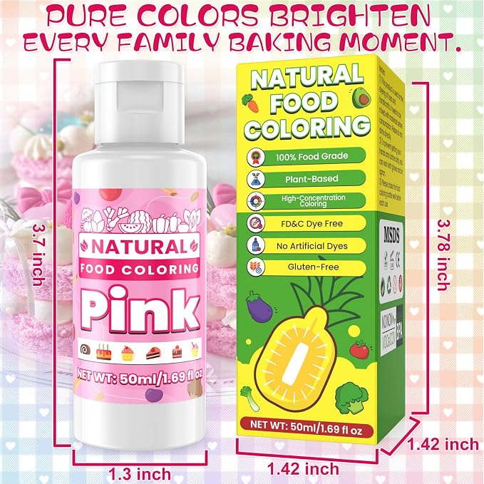 Pink Natural Food Coloring - 50ml Plant Based Food Dye, No FD&C & Artificial Dyes, Gluten-Free, Food-Grade, Vibrant Liquid Colors for Icing, Baking, Cake Decorating, Frosting, Fondant, Slime - 1.69 Fl.Oz Bottles