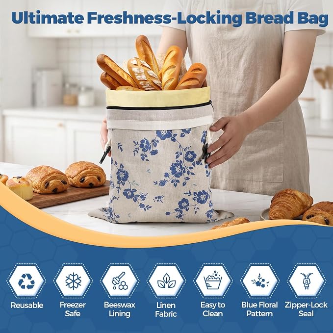 YARRAMATE Reusable Beeswax Bread Bags for Homemade Bread & Sourdough, 2 Pack XL 17x13in Linen Organic Bread Storage Bags with Zipper for Loaf, Baguette and Sandwich Bread, Freezer Safe, Blue Floral