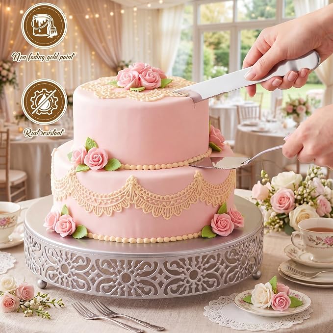 Wenqik 14 Inch Cake Stand Round Metal Cupcake Dessert Wedding Cake Stand Cookies Display Holder Fruit Food Serving Tray for Table Wedding Birthday Anniversary Party Decor (Silver)
