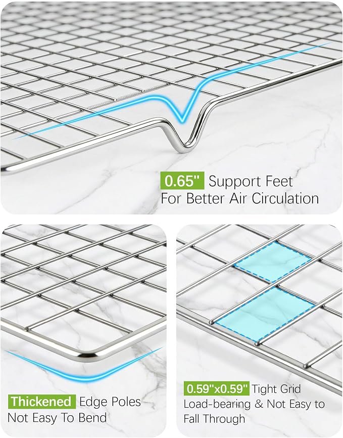HULISEN 304 Stainless Steel Cooling Rack 2 Pack - 16" x 10" Baking Rack with Handle fits Half Sheet Pan, Wire Cookie Cooling Racks for Baking, Roasting, Grilling, Drying, Oven Safe, Dishwasher Safe
