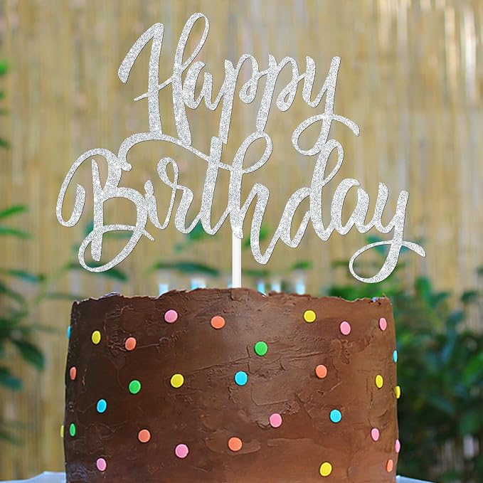 Happy Birthday Cake Decorations, Gold Double-Sided Glitter Letters, Birthday Party Supplies, Cake Topper Decorations (Silver)