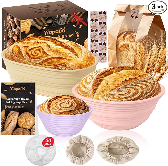 Sourdough Starter Kit, 3-Pack Silicone Banneton Bread Proofing Basket - 5" 9" Round & 10" Oval Collapsible Dough Bowl Containers for Various Tastes Bread Making