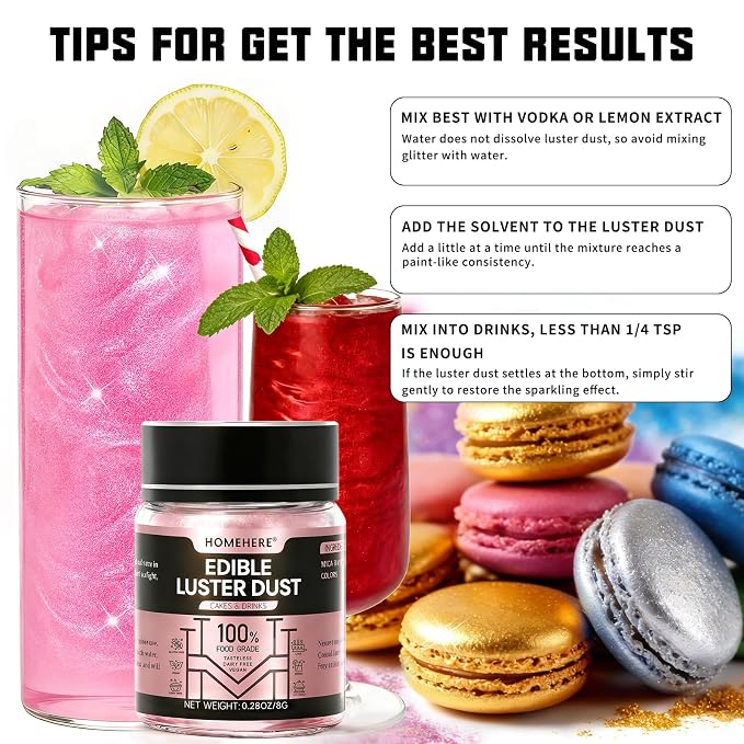 HomeHere Edible Luster Dust Food-Grade Glimmer Powder Glitter for Cake Decorating 15g, Edible Sprinkle Glitter for Cocktails Drinks Baking Candy Dessert Chocolate Vegan Tasteless