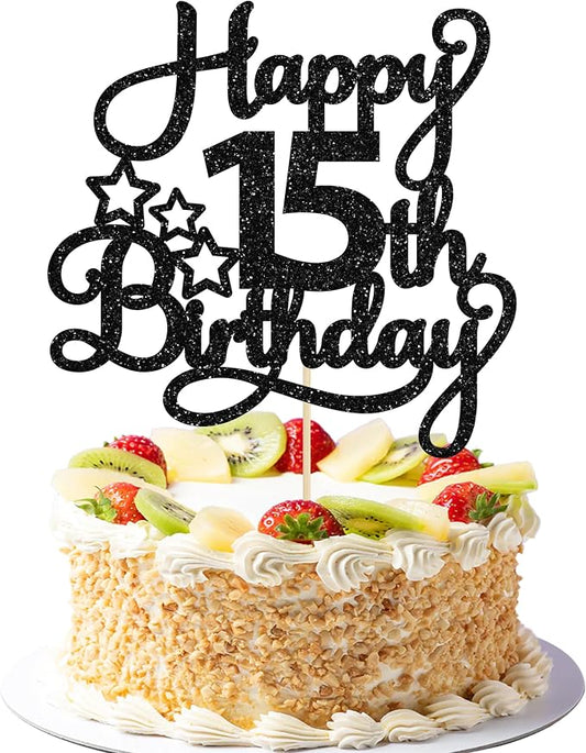 1 Pack Happy 15th Birthday Cake Topper Black Glitter Mis Quince 15 Cheers to 15 Years Old Birthday Cake Pick for Celebrating 15th Birthday Anniversary Party Cake Decorations Supplies