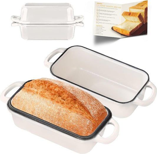 Cast Iron Bread Loaf Pan with Lid, Loaf Pans for Baking Bread 9x5, Enameled Bread Pans for Homemade Bread, Sourdough, Set of 2, Cream