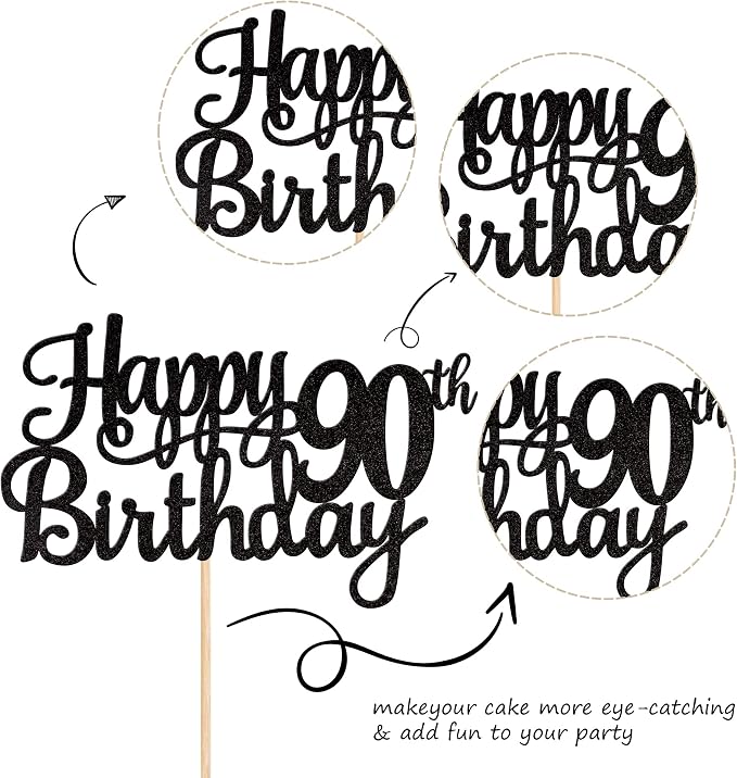 1 PCS Happy 90th Birthday Cake Topper Glitter Cheers to 90 Years Birthday Cake Pick 90 Fabulous Cake Decoration for Happy 90th Birthday Theme Party Decorations Supplies Black
