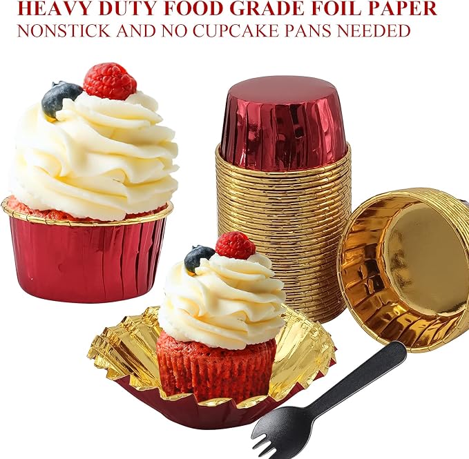 Cupcake Liners with Dome Lids 100 Pack,LNYZQUS 5.5Oz Foil Baking Cups Muffin Tin,Large Cupcake Wrappers Souffle Pudding Ramekin Holders for Christmas Wedding Birthday Party,with Spoons-Red in Gold