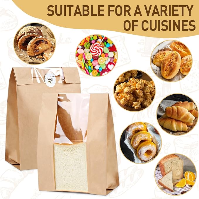 Paper Bread Bags with Window: 28 Large Kraft Bakery Bags 13.7"x8.3"x3.3" 36 Stickers - Reusable Brown Bread Bags for Sourdough - Artisan Loaves Gifting Keep Bread Fresh Longer