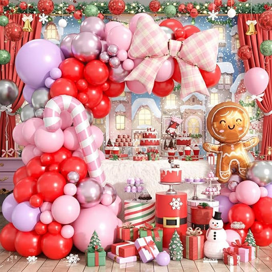 Christmas Balloon Arch Kit, Red Pink Purple Metallic Silver Balloons with Gingerbread-Style Foil,Bow Foil,Pink Candy Cane Balloons for Girl Birthday Party Decorations Baby Shower Backdrop