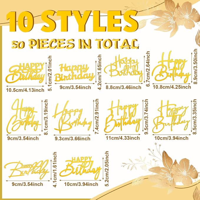 Barydat 50 Pcs Happy Birthday Cake Toppers Bulk Mirror Acrylic Cupcake Topper Decorations Happy Birthday Sign for Cake Inserts Decor Celebrate Anniversary Theme Party Supplies 10 Style(Gold)