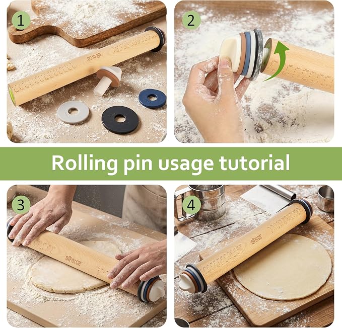 Oiforce Rolling Pin with Adjustable Thickness Rings, Wooden Rolling Pin for Baking, 13.6" Precise Dough Roller for Baking Fondant, Pizza, Pie, Pastry, Pasta, Cookies and More