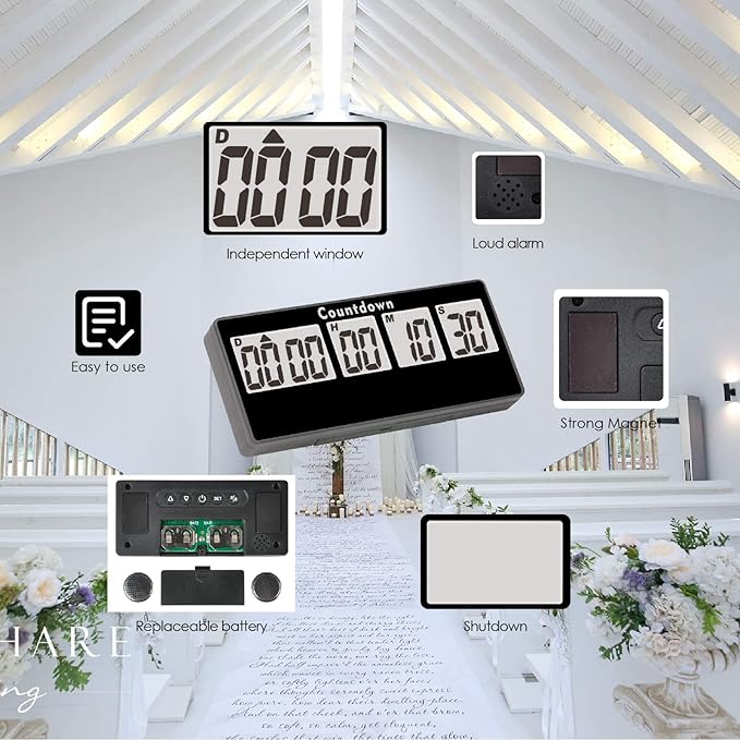 Jayron 9999 Day Digital Countdown Timer for Kitchen Office Desk LCD, Black | Magnetic back, 60-second alert, count-up after zero, pause and resume, classroom events, wedding dates, fridge and shelf use