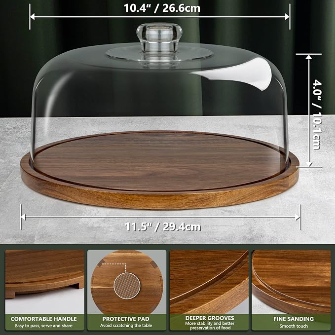 ANBOXIT Cake Stand with Dome Lid, Acacia Wood Cake Plate with Cover, Wooden Cake Display Stand with Acrylic Dome - Flat