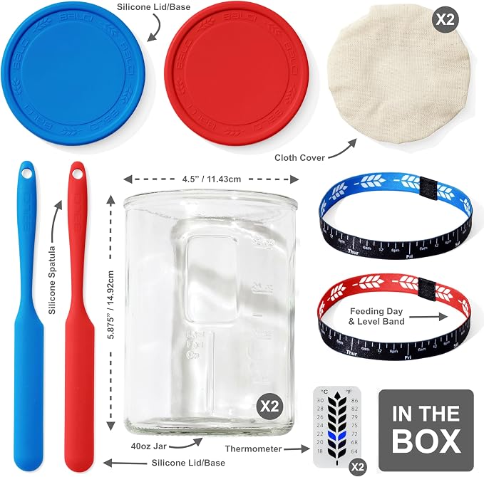Premium Sourdough Starter Jar - 40oz Large Sourdough Jar with Marked Feeding Band, Scraper, Cloth Cover and Silicone Lid/Base, Wide Mouth Starter Kit - Blue/Red