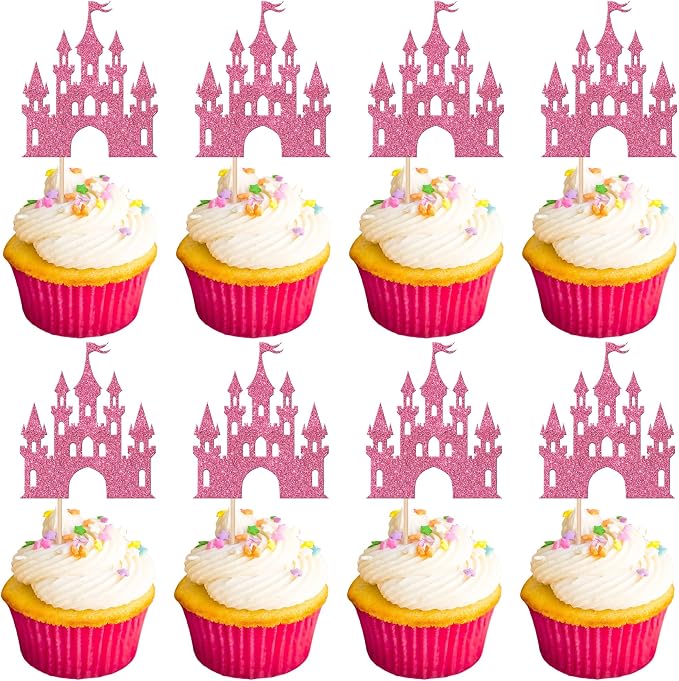 24 PCS Castle Cupcake Topper Princess Cupcake Toppers Castle Theme Birthday Party Decorations Queen Castle Cupcake Picks for Princess Prince Birthday Baby Shower Party Cake Decorations Supplies Pink