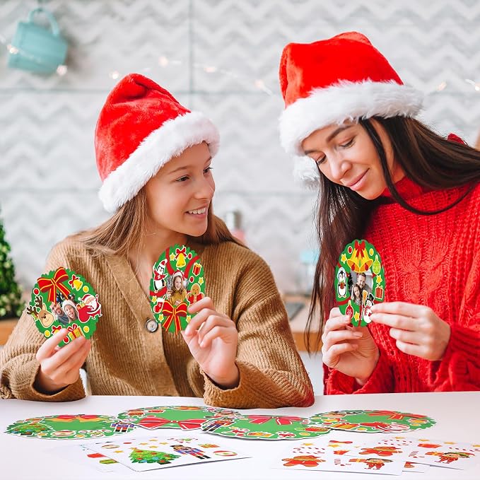 Dianelhall 24 Sets Christmas Picture Frame Craft Kit Xmas Wreath Photo Crafts Christmas Picture Frames Gift with Santa Stickers for Classroom Xmas Holiday Party Activities(Wreath)