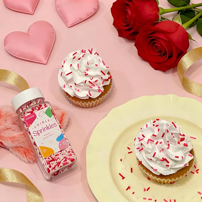 Red Pink and White Sprinkles, 100g Valentines Jimmies Sprinkles for Cupcake Toppers Cake Decorating Cookies Baking Dessert for Valentines Girls Pink Party Food Decorations