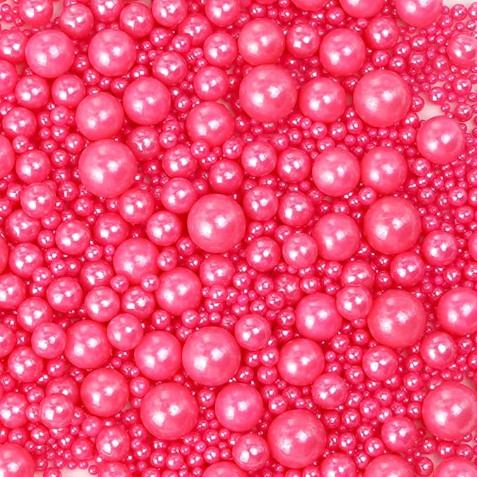 Edible Deep Pink Pearl Sprinkles, Edible Sugar Pearls, 130g/4.58oz, Pink Pearls Sprinkles for Cupcake Decorating, Cupcake Toppers, Cake Decorations, Wedding Party Holiday Supplies