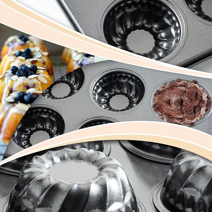 Mini Bndt Cake Pan 2 Pack, Nonstick Brownie Bowl Pan 12-Cavity Fluted Small Round Cake Tray Shortcake Pan Mold for Fall Baking Thanksgiving Muffin Bavarois, Carbon Steel Cake Pan