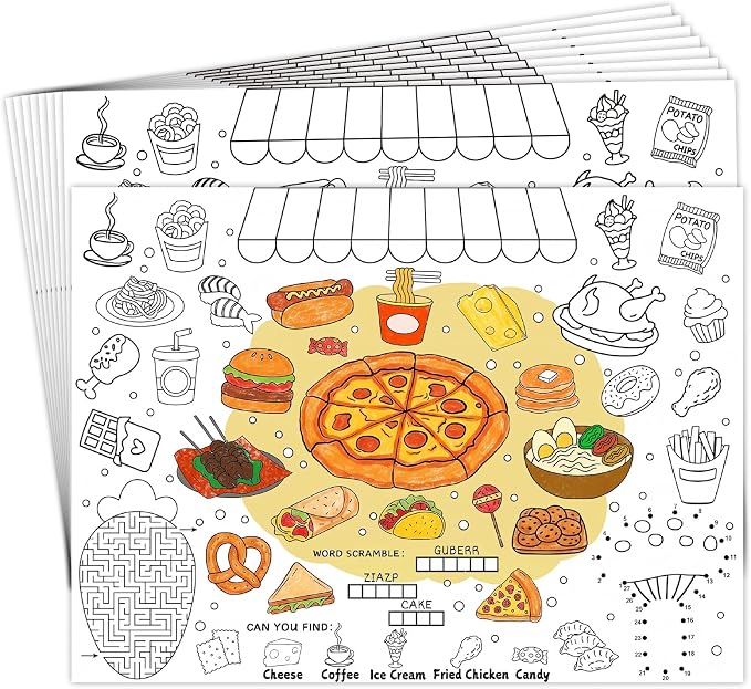 45pcs Food Disposable Coloring Placemats Yummy Foods Crafts for Kids Birthday Party Favors Coloring Poster Pizza Ice Cream Burger Donut Taco Activity Restaurant Church Supplies Paper Table Mats
