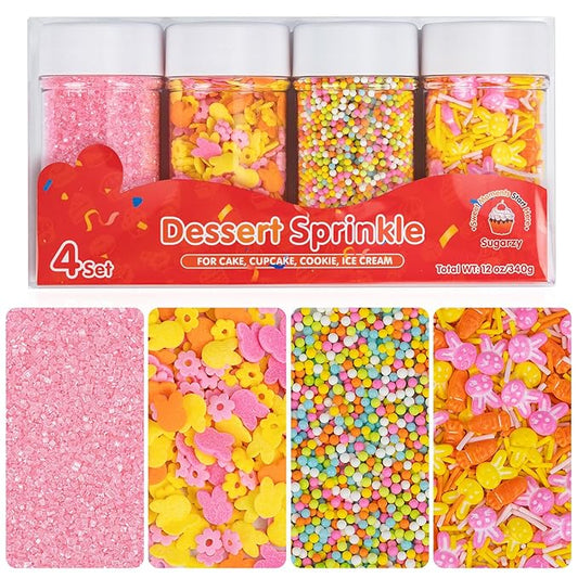 Edible Sprinkles 4-Pack Set,Edible Orange Sprinkles for Cake Decorating,Pink Orange and Yellow,Confetti Jimmies and Pink Sanding Sugar,Petal Rabbit Confetti,Carrot Sprinkle,Nonpareils,Pastel Cake Decorations for Baking,Desserts,Cupcakes,Ice Cream,Cooki...