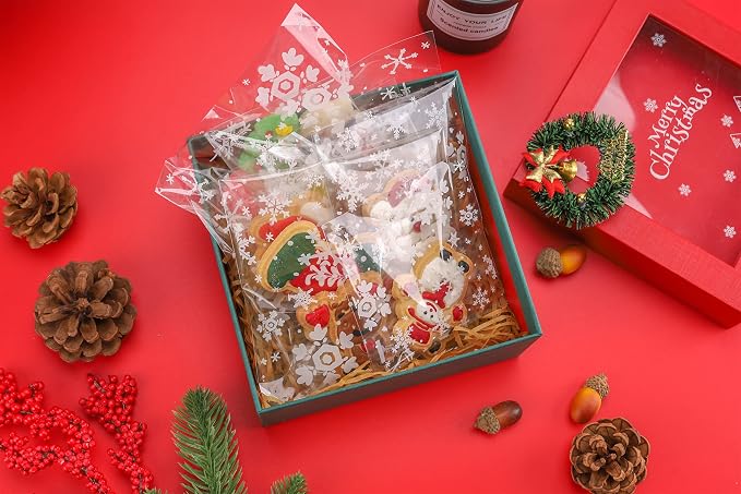 NPLUX 100PACK Christmas Treat Bags Self Adhesive Cookie Bags Snowflake Gift Bag for Christmas Party Favors, Graduation Gift Bags(Clear Snowflake, 3.9x3.9 INCH)