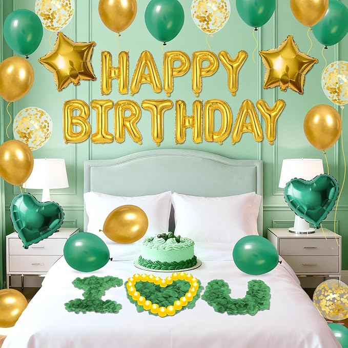 Green Gold Happy Birthday Balloons Decorations Gold Green Birthday Balloon Letters Banner with Star Heart Balloons 1000 Pcs Artificial Rose Petals 24 Flameless LED Candles for Birthday Party Supplies