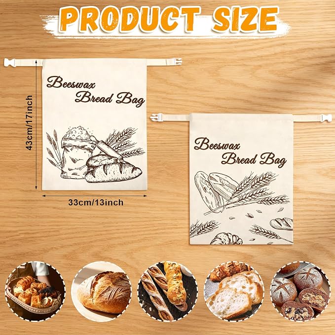 Augshy 2-Pack Beeswax Bread Bags for Homemade Bread 17 inches x 13 inches Reusable Sourdough Bread Bags with Zipper Handle Beeswax Lined Linen Bread Storage for Freshness Artisanal Loaves Baguettes