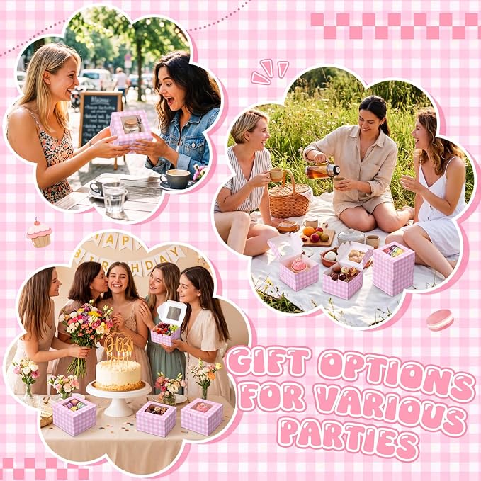 50 Pack Pink Gingham Cookie Box with Window, Small Plaid Bakery Boxes for Pastry Donuts Macaroon Cupcakes, Gingham Party Supplies Wedding Bridal Shower Sweet 16 Party Favors