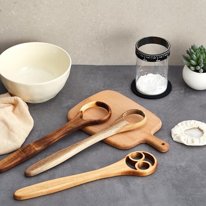 SiliFine Danish Dough Whisk Set of 3, 13" One-piece Acacia Wood Sourdough Whisk for Bread, Pizza, Batter & Starter, Cake Biscuits Flow-through Design, Handmade Bread Baking Gift