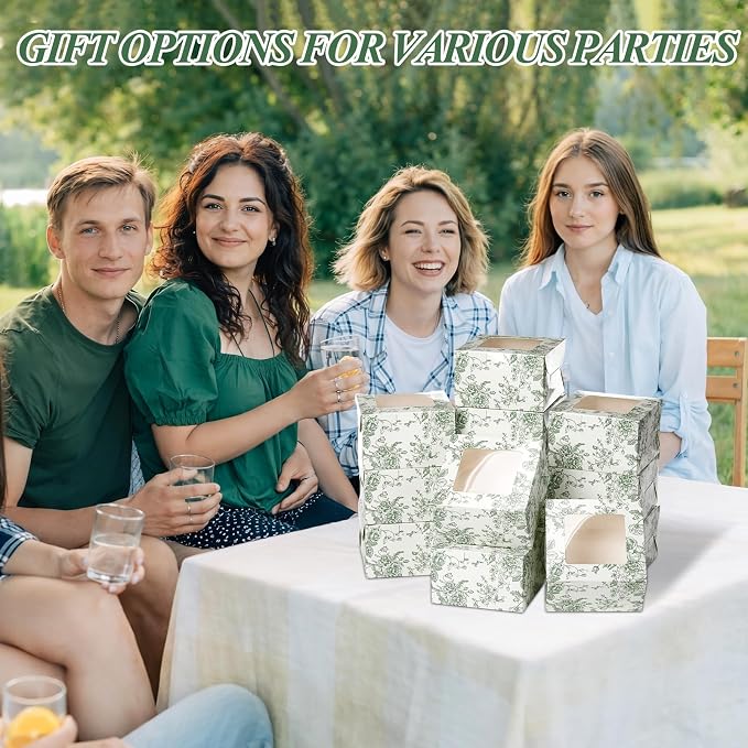 100 Pack Sage Green Floral Cookie Boxes with Window, Chinoiserie Small Bakery Treat Boxes for Pastry Donuts Macaroon Cupcakes, Wedding Bridal Shower Birthday Tea Party Baby Shower Favors