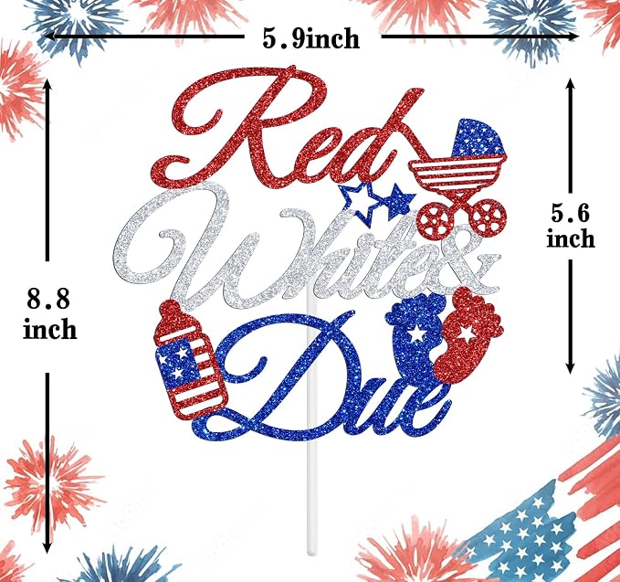 Red White & Due Cake Topper, 4th of July Baby Shower Cake Decor, A Little Firecracker is on the Way, American Independence Day Patriotic Gender Reveal Decorations Supplies for Boys Girls