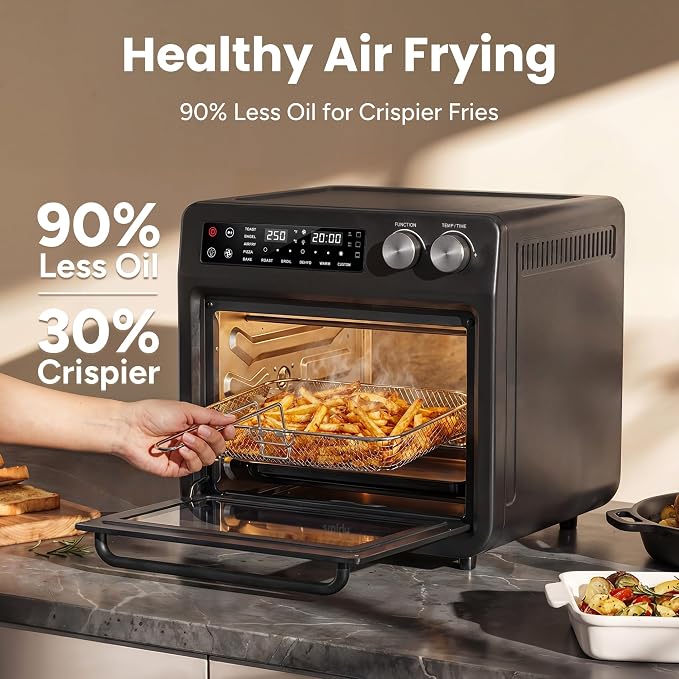 SMIRLY Digital Air Fryer Toaster Oven Combo, 25L Convection Countertop Oven, 10-in-1 Multi-Function Fits 12" Pizza & 6 Slices of Toast, Stainless Steel, Black