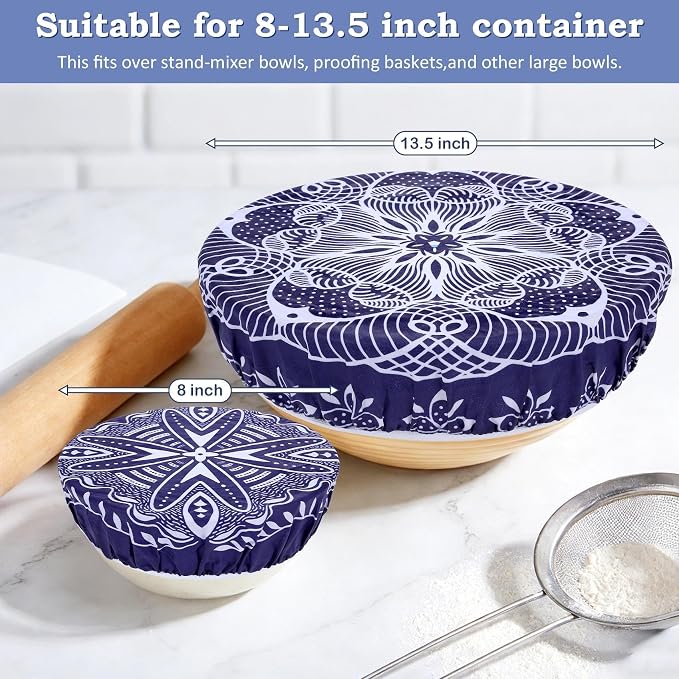 2 Large Reusable Beeswax Bowl Covers for Bread Proofing, 10/12 Inch Elastic Beeswax Wraps Cotton Cloth Sourdough Bowl Covers for Proofing Baskets, Mixer Bowls, Food Storage Containers