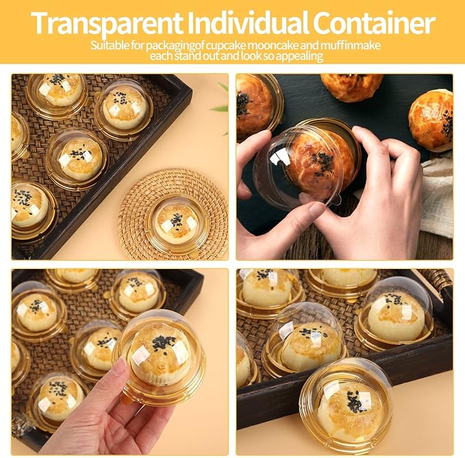 Hewnda 50 Pack 2 Inch Clear plastic mini cake box muffins box cookies cookies muffins dome box wedding birthday gift box(Gold)