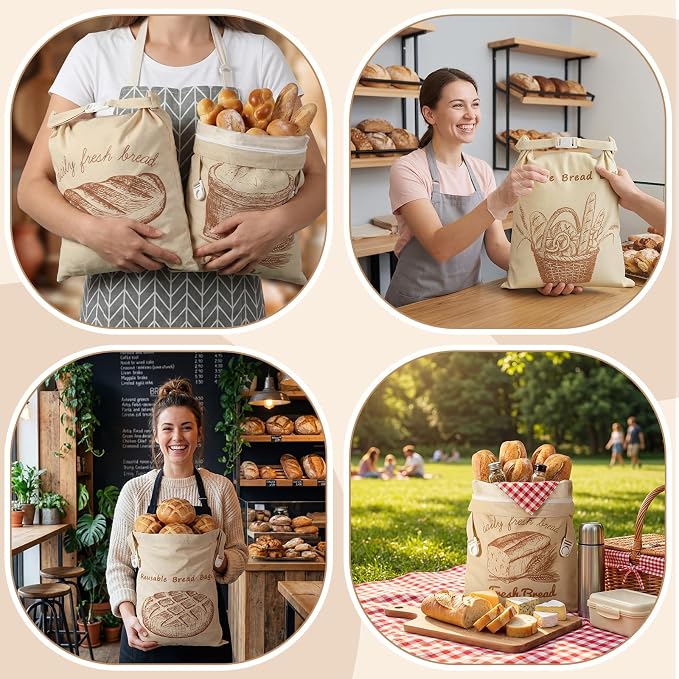 Hsei 5 Pack Beeswax Bread Bags for Sourdough & Homemade Bread 17 x 13'' XL Reusable Organic Linen Wraps with Sealing Zip for Fresh Food Storage Loaf Fresh Freezer Baker Gift