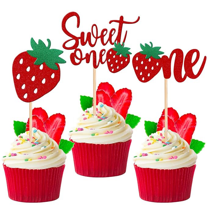 24 PCS Strawberry One Cupcake Toppers Glitter Sweet One First Birthday Strawberry Cupcake Picks for Fruit Theme Baby Shower Kids 1st Birthday Anniversary Party Cake Decorations Supplies Red