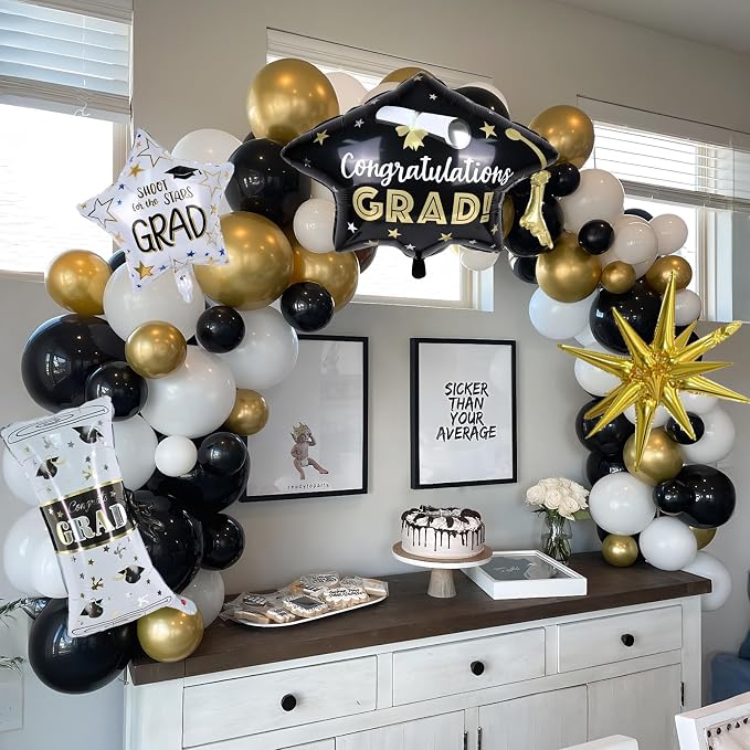 Graduation Balloon Arch Garland Kit 2026, Black Gold Confetti White Graduation Decorations with Foil Grad Cap Diploma Star Balloons for Congrats Class of 2026 Graduates Celebrations Party Decorations