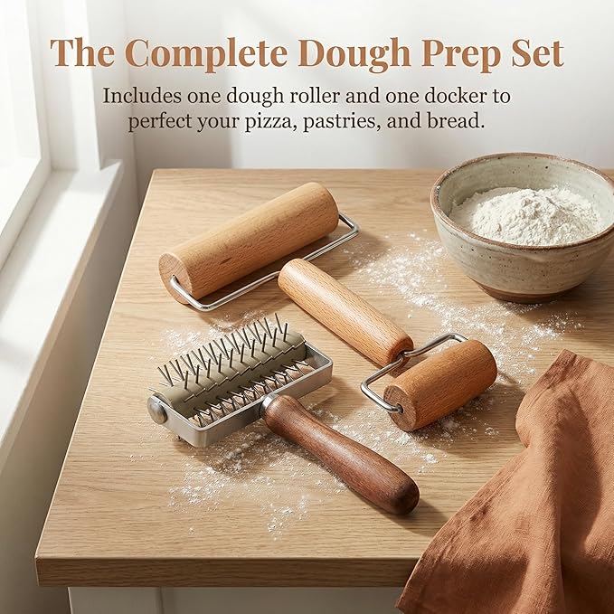 Hiceeden Set of 2 Pizza Dough Roller & Dough Docker, Stainless Steel Dough Hole Maker Puncher Wooden Rolling Pin for Pizza, Cookie, Pie, Pastry, Bread, Crust