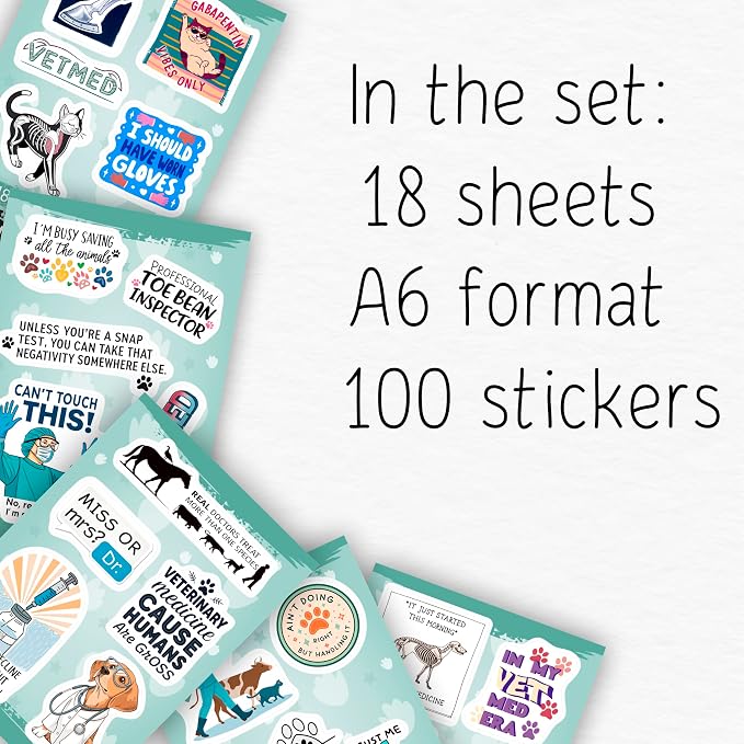 100Pcs Veterinary Stickers for Water Bottle - Funny Vet Stickers and Decals - Funny Veterinary Gifts, Party Supplies & Decorations - Vet Tech Gifts for Women & Men