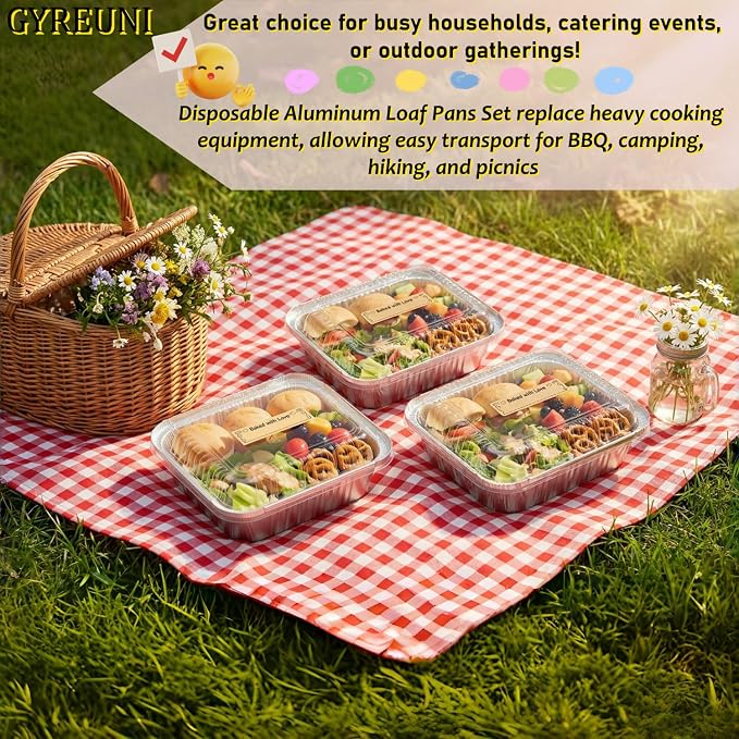 Gyeruni 50 Pack Disposable Aluminum Loaf Pans with Lids and Stickers Kit, 6" X 4.7" X 2" Small Tin Foil Loaf Pans Foil Baking Tins Trays for Food Containers/Cakes/Bread
